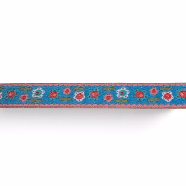 Dekorband turkost med rosa kant och blommor 16mm
