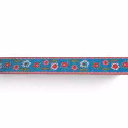 Dekorband turkost med rosa kant och blommor 16mm