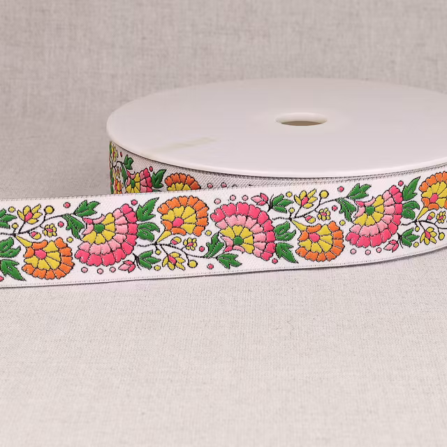 Dekorband vitt m blommor i rosa, orange & gul
