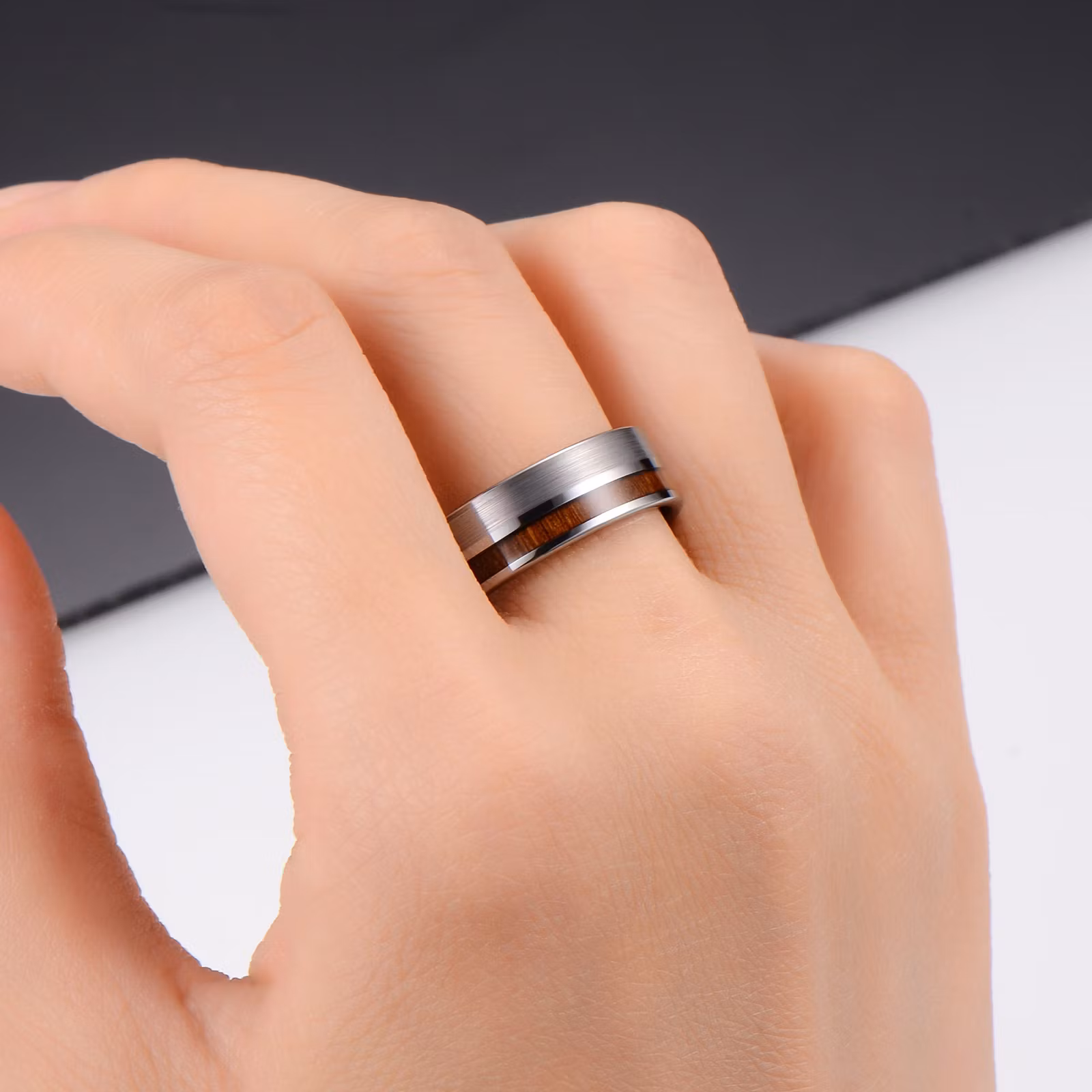 Ring Silver Wood Tungsten