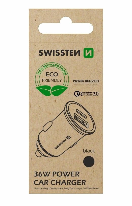 SWISSTEN Bil laddare USB-C + QUICK CHARGE 3.0 36W, Svart