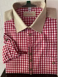 Herrskjorta " Rödrutig med linnekrage " , slim fit / OT