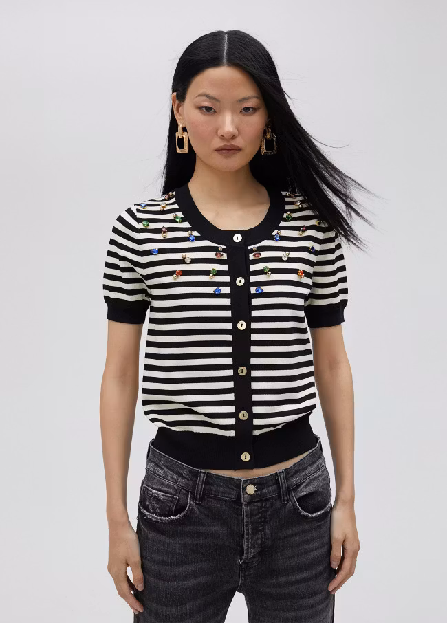 LOLA CASADEMUNT " Randig cardigan med strass " , kortärmad