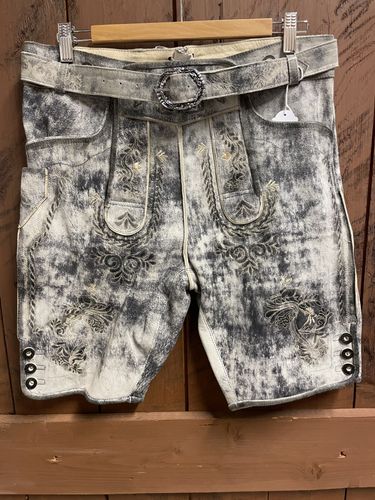 Lederhosen med bälte , ljusgrå / blå