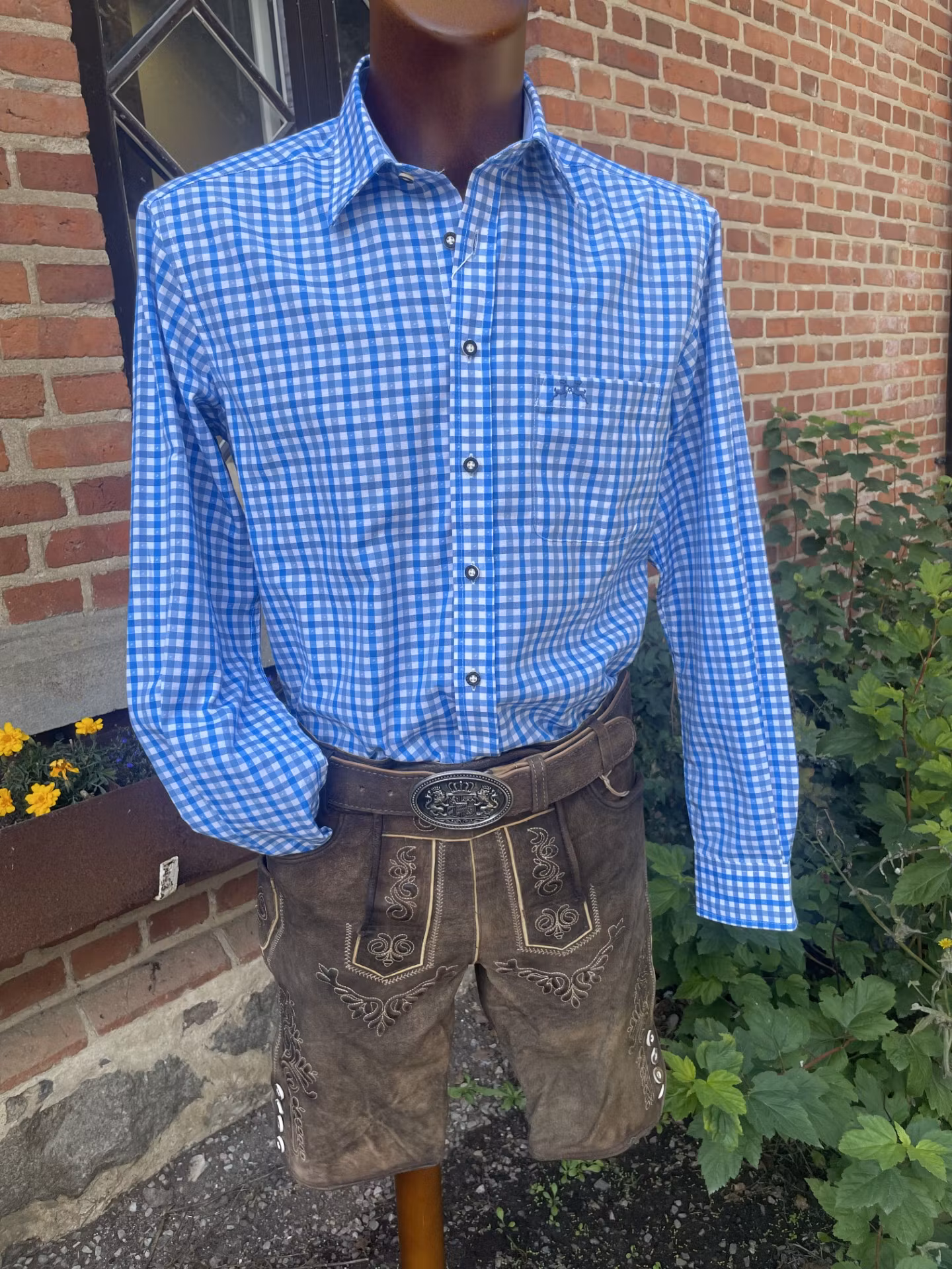 Oktoberfest skjorta, Slim Fit " Paketpris " , blårutig m bälte