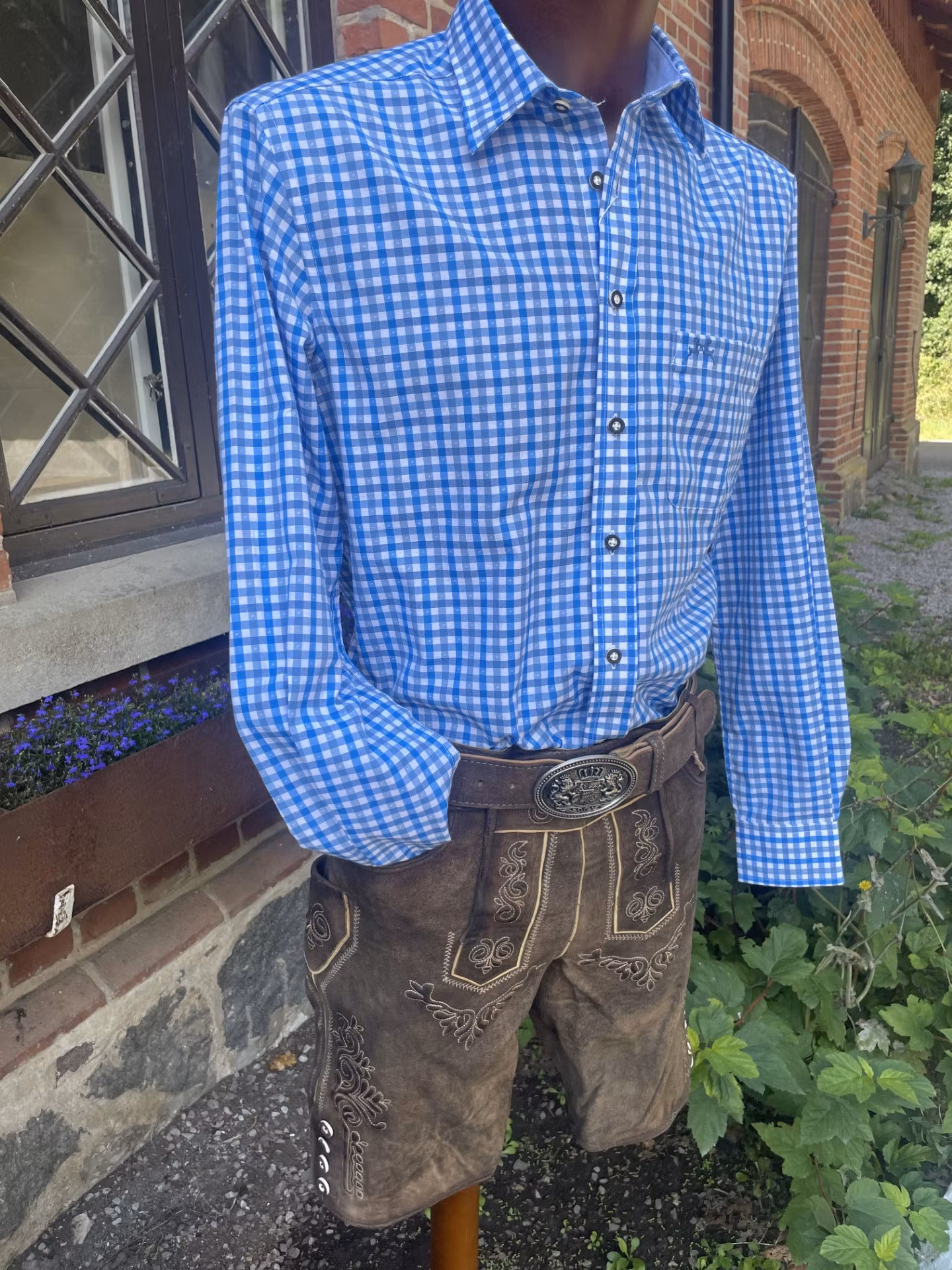 Oktoberfest skjorta, Slim Fit " Paketpris " , blårutig m bälte