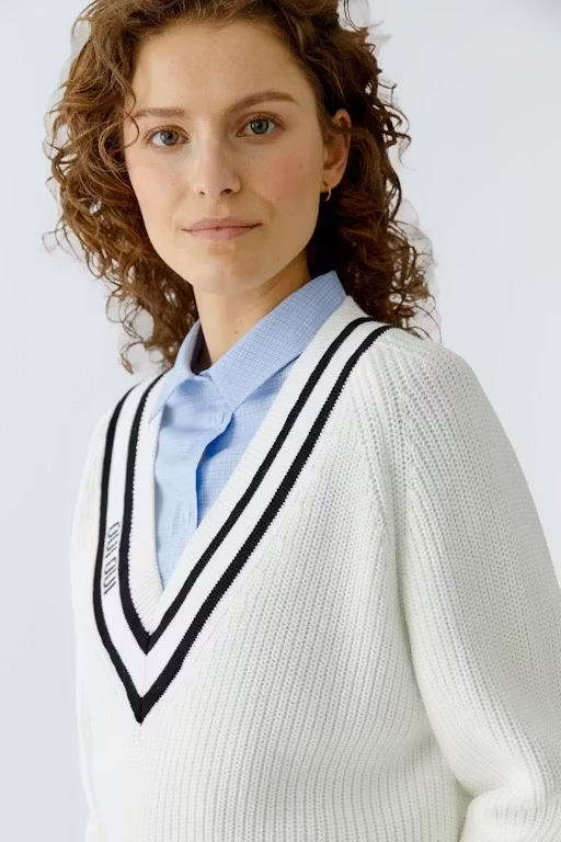 Oui V-ringad Pullover , White/black