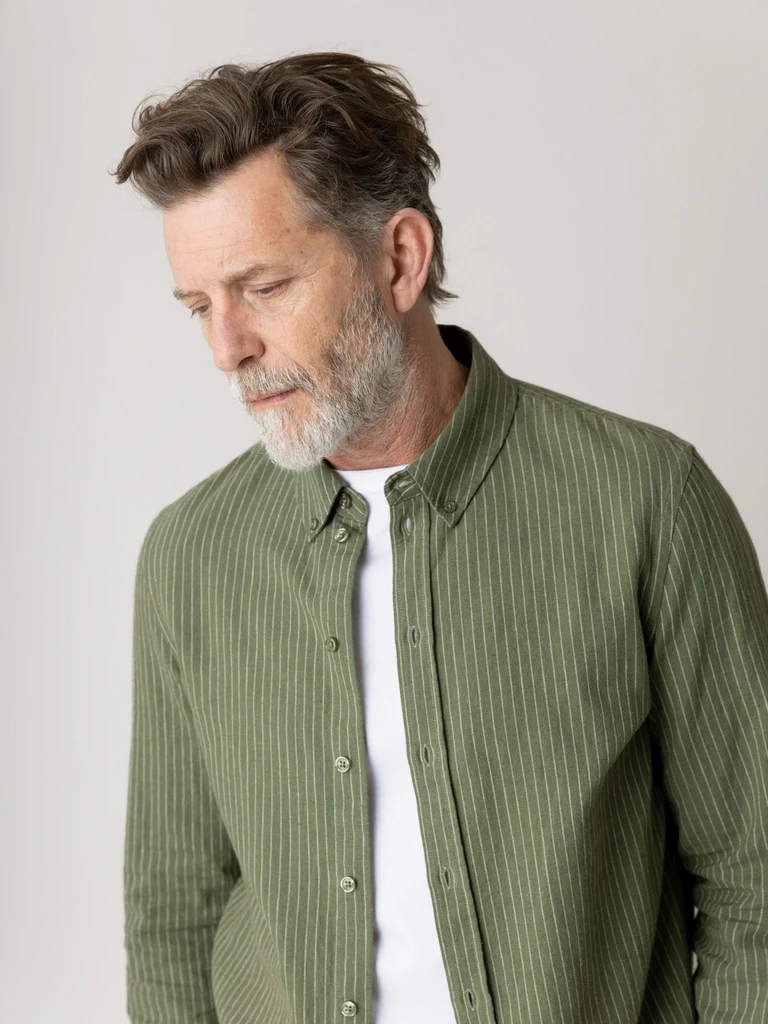 Mos Mosh Gallery " Theo Linen Stripe Shirt" , Watercress