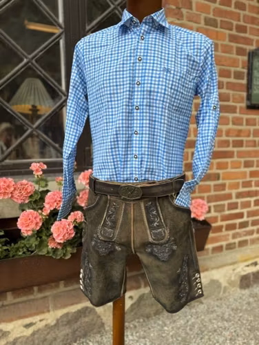 Oktoberfest skjorta, Slim Fit " Paketpris " , blårutig m bälte