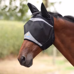 Shires FlyGuard Fine Mesh Flughuva med Öron och Hål för Pannluggen, Black/Jet