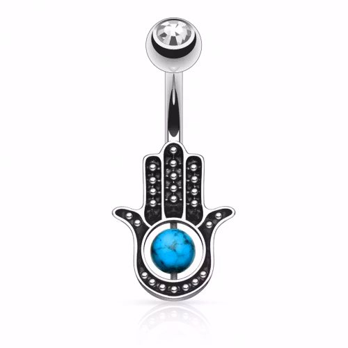 Navelpiercing med turkos hamsa hand