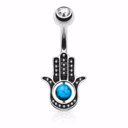 Navelpiercing med turkos hamsa hand