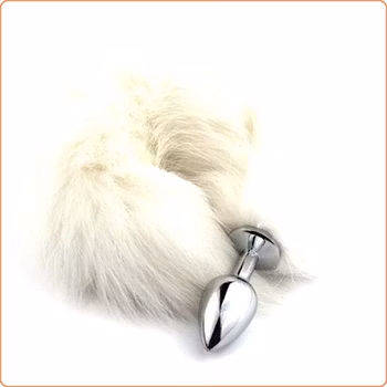 White Arctic Fox Tail, metallplugg, Medium