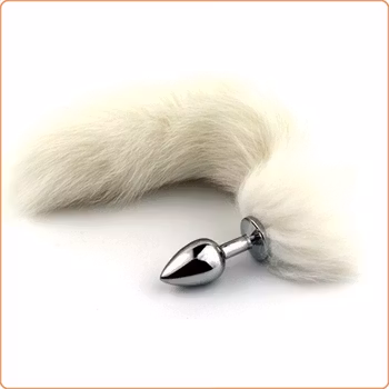 White Arctic Fox Tail, metallplugg, Large