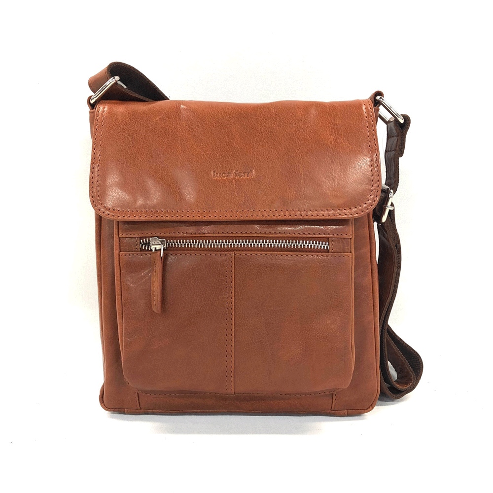 Axelremsväska med lock läder cognac Luca Ferri 5-7433
