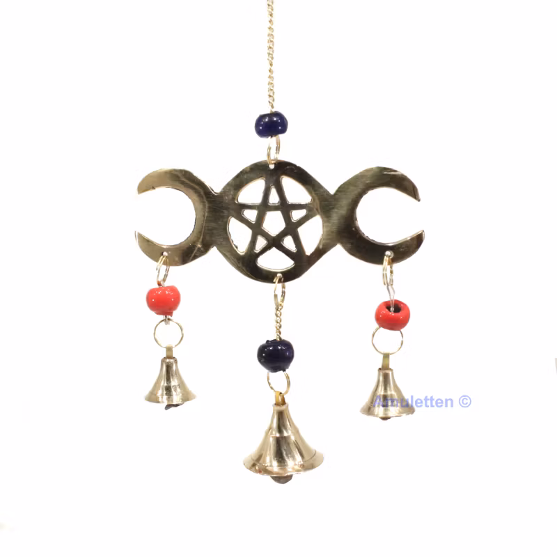 Vindspel Triple Moon med pentagram och 3 klockor i mässing