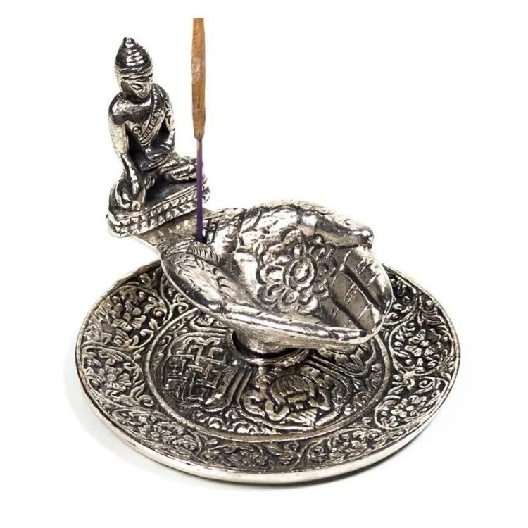 Rökelsehållare Buddha Offering hand. I silverfärgad metall