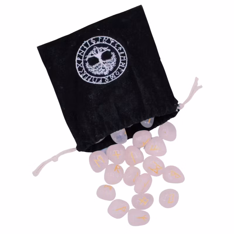 Runor (runstenar) av Rosenkvarts i sammetspåse