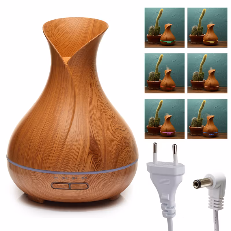 Träfärgad Aromadiffuser med ljusrand som skiftar färg