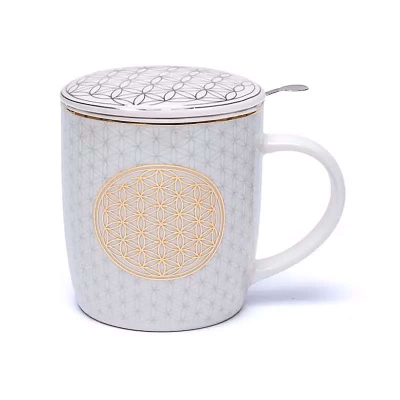 Temugg med lock och sil, guldfärgat mönster med flower of life.