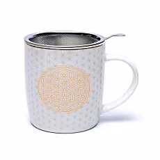 Temugg med lock och sil, guldfärgat mönster med flower of life.