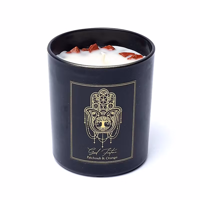 manifestationsljus good fortune med kristaller röd jaspis