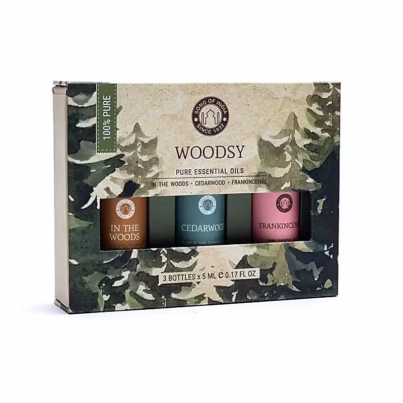 Woodsy – Set med eteriska oljor, 3 x 5 ml, Song of India