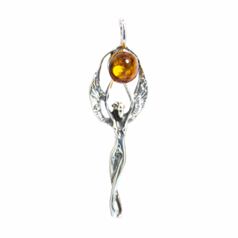 hänge i 925 sterling silver, ängel som håller i en bärnsten