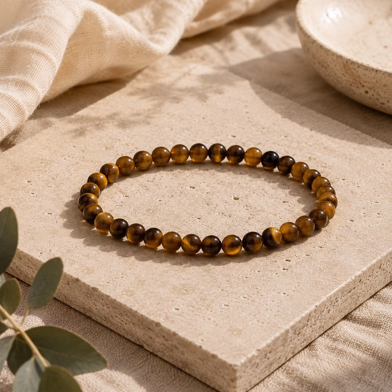 armband med runda pärlor av tigeröga, pärlorna är ca 3 mm i diameter