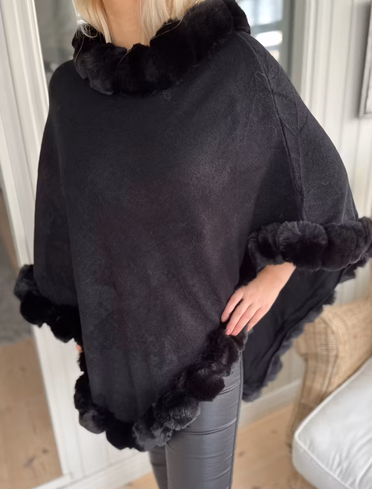 Poncho fuskpäls svart