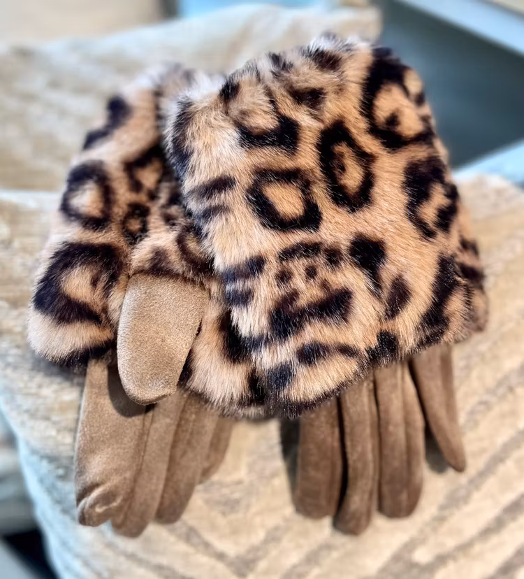 Handskar fuskpäls leopard taupe