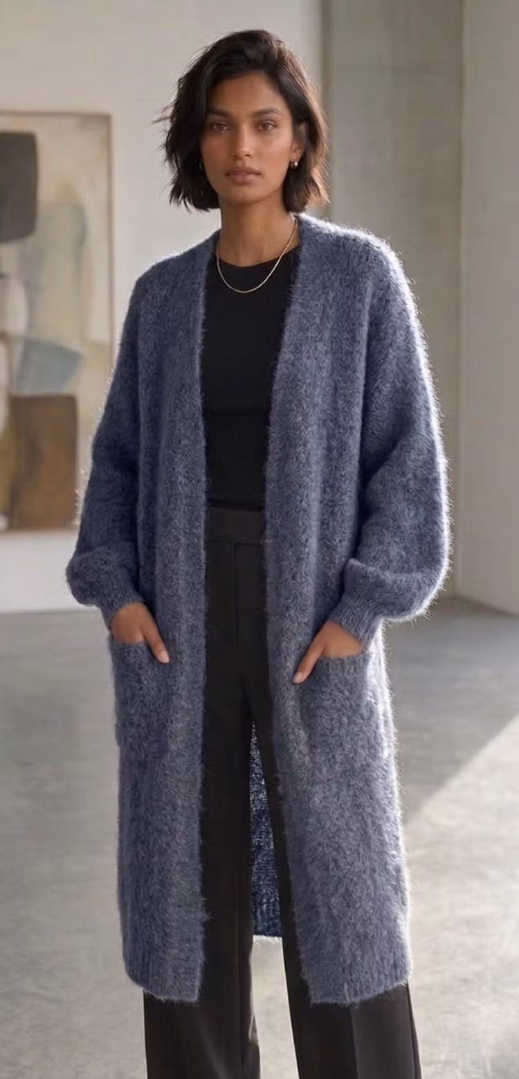 Lång cardigan 80% kid mohair blågrå