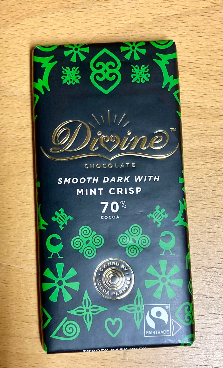 Divine mörk choklad Mint Crisp 70%, 90 g, VEGANSK, Ghana