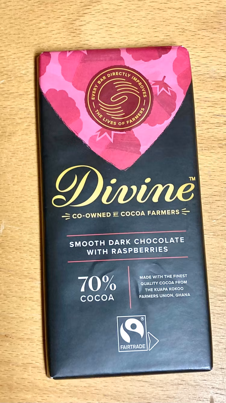 Divine mörk choklad 70% med hallon, 90 g, VEGANSK, Ghana