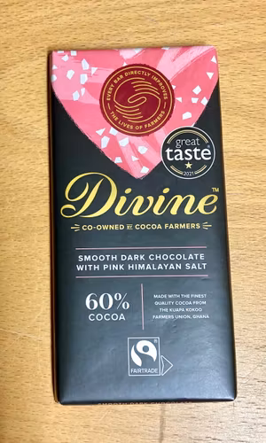 Divine mörk choklad 60%, med rosa Himalaya-salt, 90 g, VEGANSK, Ghana