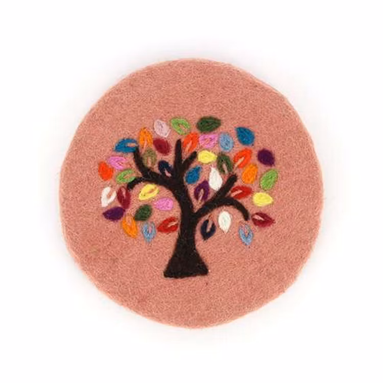 Underlägg 'Tree of life', rosa, 100% ullfilt, Ø:21 cm, Nepal