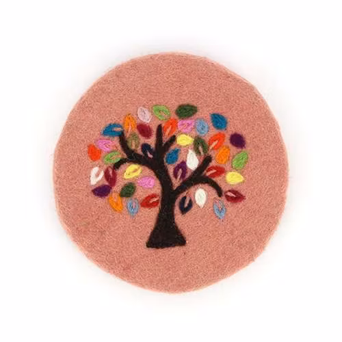 Underlägg 'Tree of life', rosa, 100% ullfilt, Ø:21 cm, Nepal