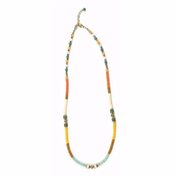 Halsband/ASHA i flerfärgade pärlor i glas, mässing, järn och ben L 66 cm med förlängning/Indien