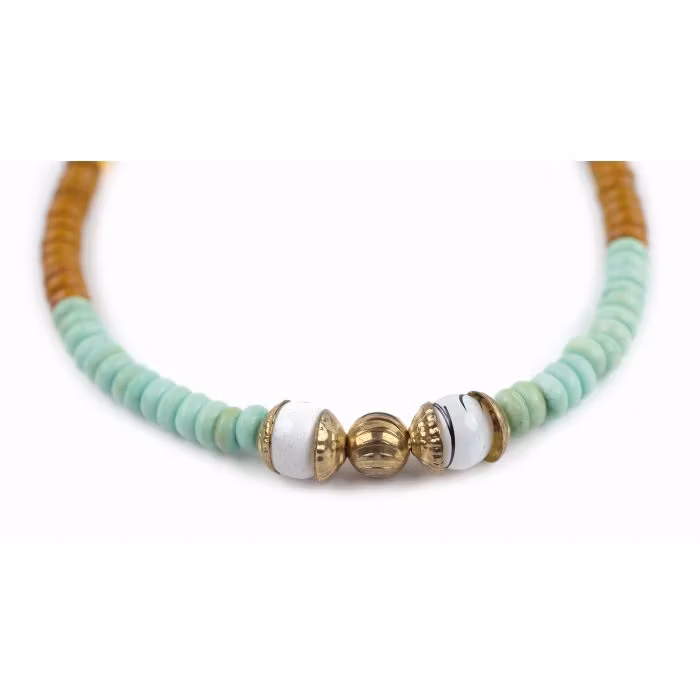 Halsband/ASHA i flerfärgade pärlor i glas, mässing, järn och ben L 66 cm med förlängning/Indien