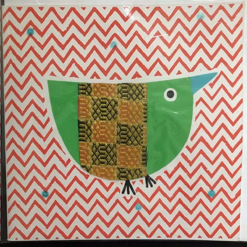 Kort, fågel, serigrafi tryck, handgjort av bomull och sari återbruk/Bangladesh