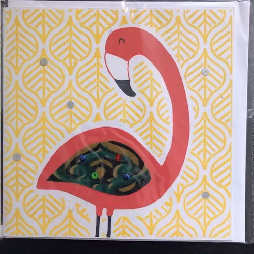 Kort, flamingo, serigrafi tryck, handgjort av bomull och sari återbruk/Bangladesh
