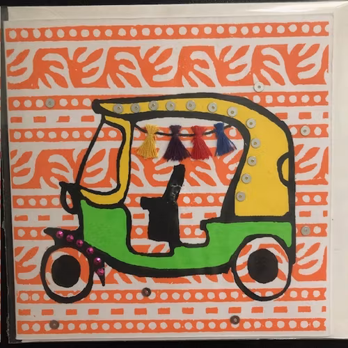 Kort med bil, serigrafi tryck, handgjort av hampa och sari återbruk/Bangladesh