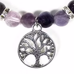 Elastiskt armband av fluorit och ametist, med livets träd.