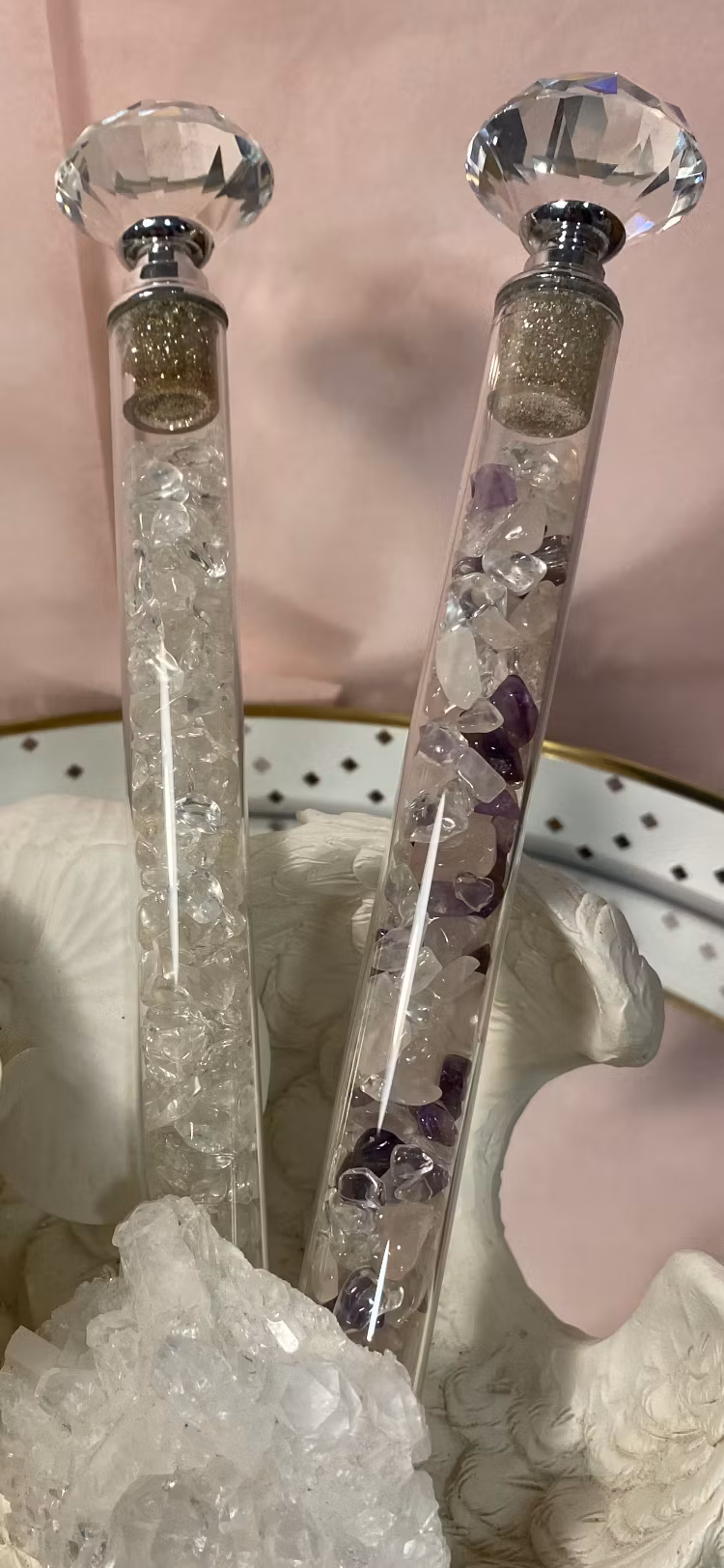 Energistav med ren bergskristall, ametist, rosenkvarts och diamant.