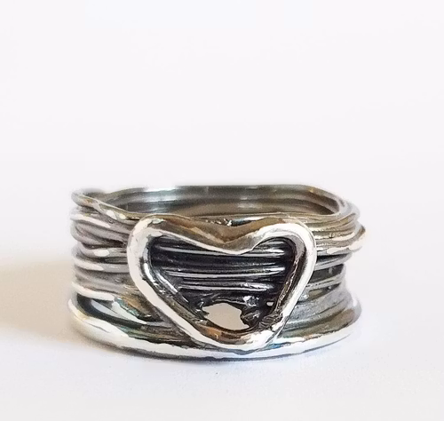 Oxidized wide silver ring with heart