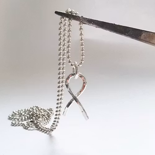 Pink ribbon in sterling silver - necklace - large charm