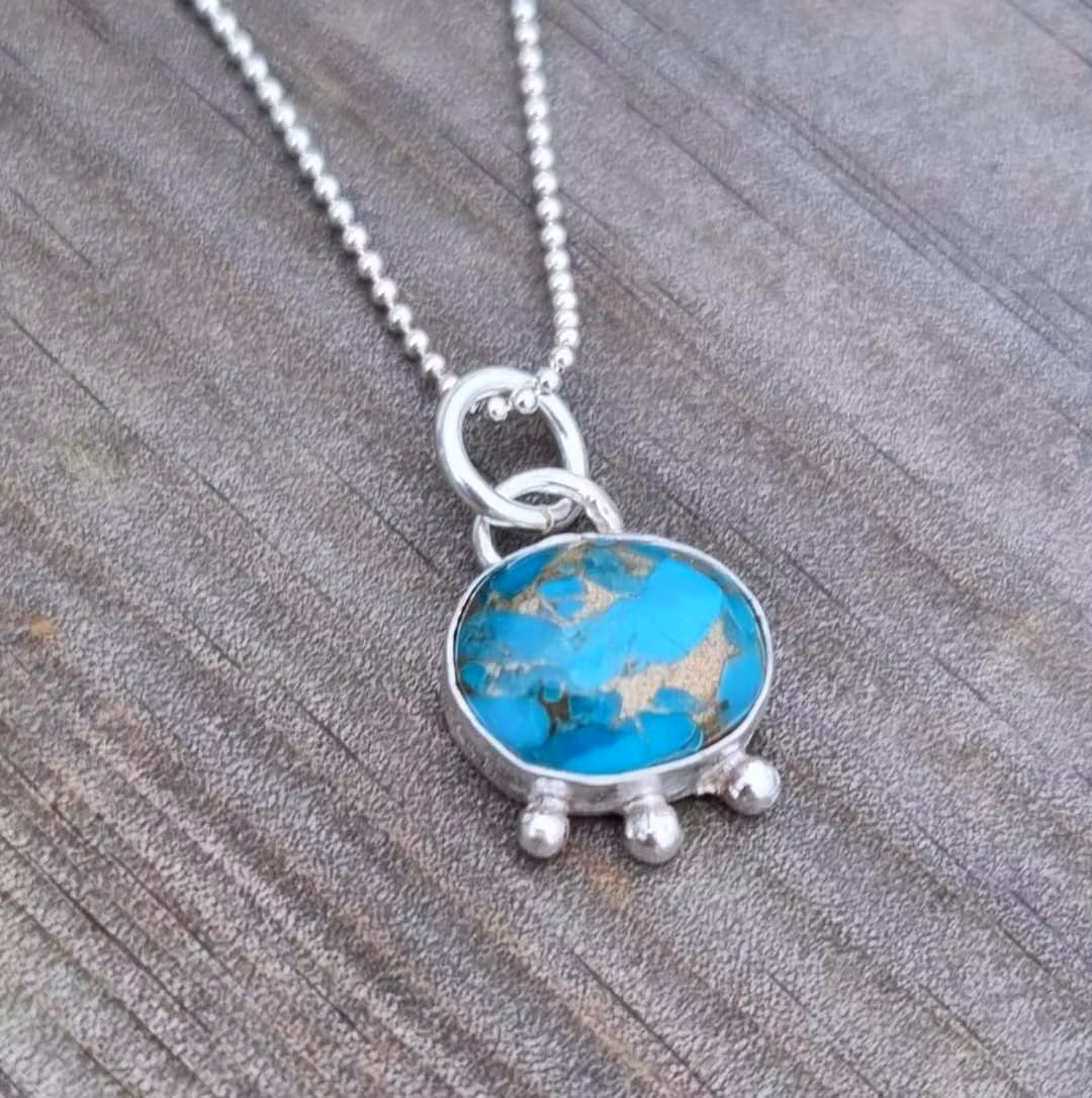 Fine turquoise stone set in genuine silver charm Boho style