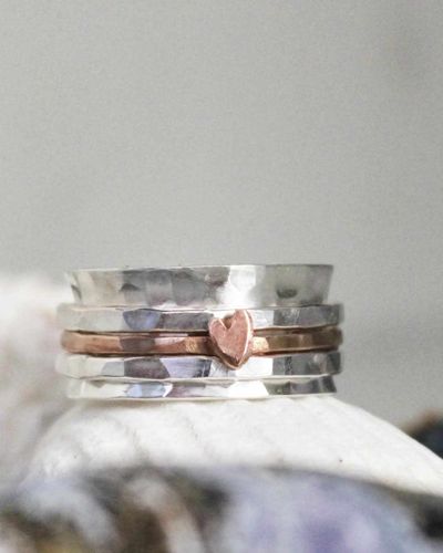 Snurring - spinningring i äkta silver med bronshjärta på bronsring