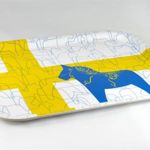 Bricka 27x20 cm, Dala horse-design, vit/blå-gul