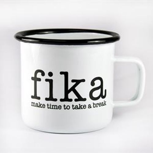 Emaljmugg, Make time Fika, vit/svart text